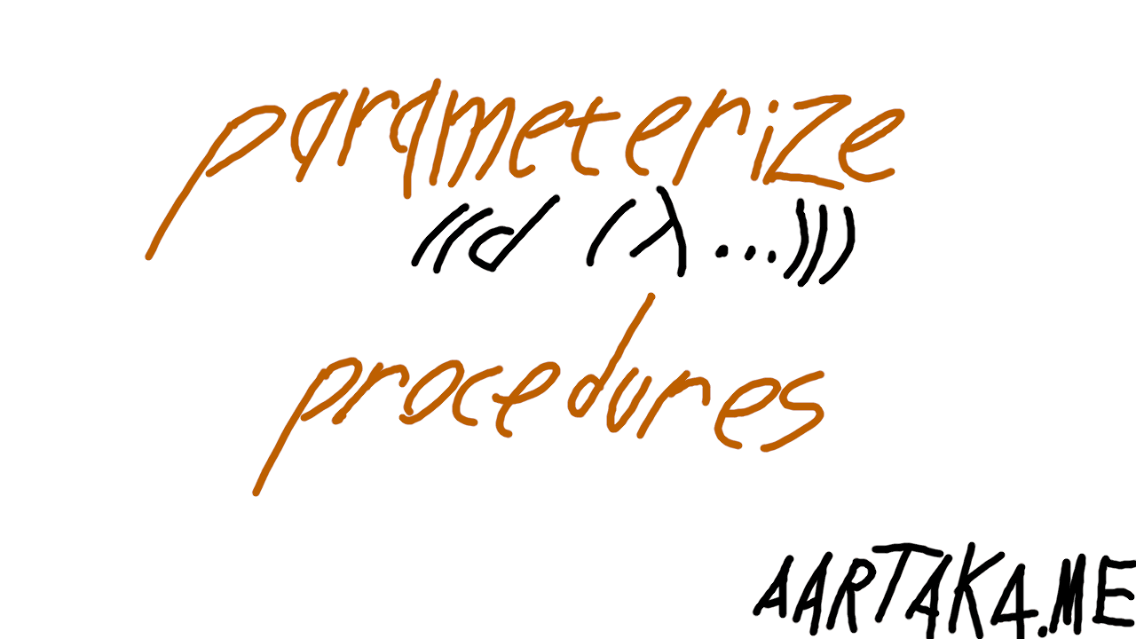 A jarring black-and-white poster. On it, 'parameterize' and 'procedures' are written in dark orange pumpkin color. Between them (below 'parameterize'), there's a set of parentheses and 'd', hinting that a word 'parameterized' results from these.There's an all-caps 'AARTAKA.ME' in the corner.