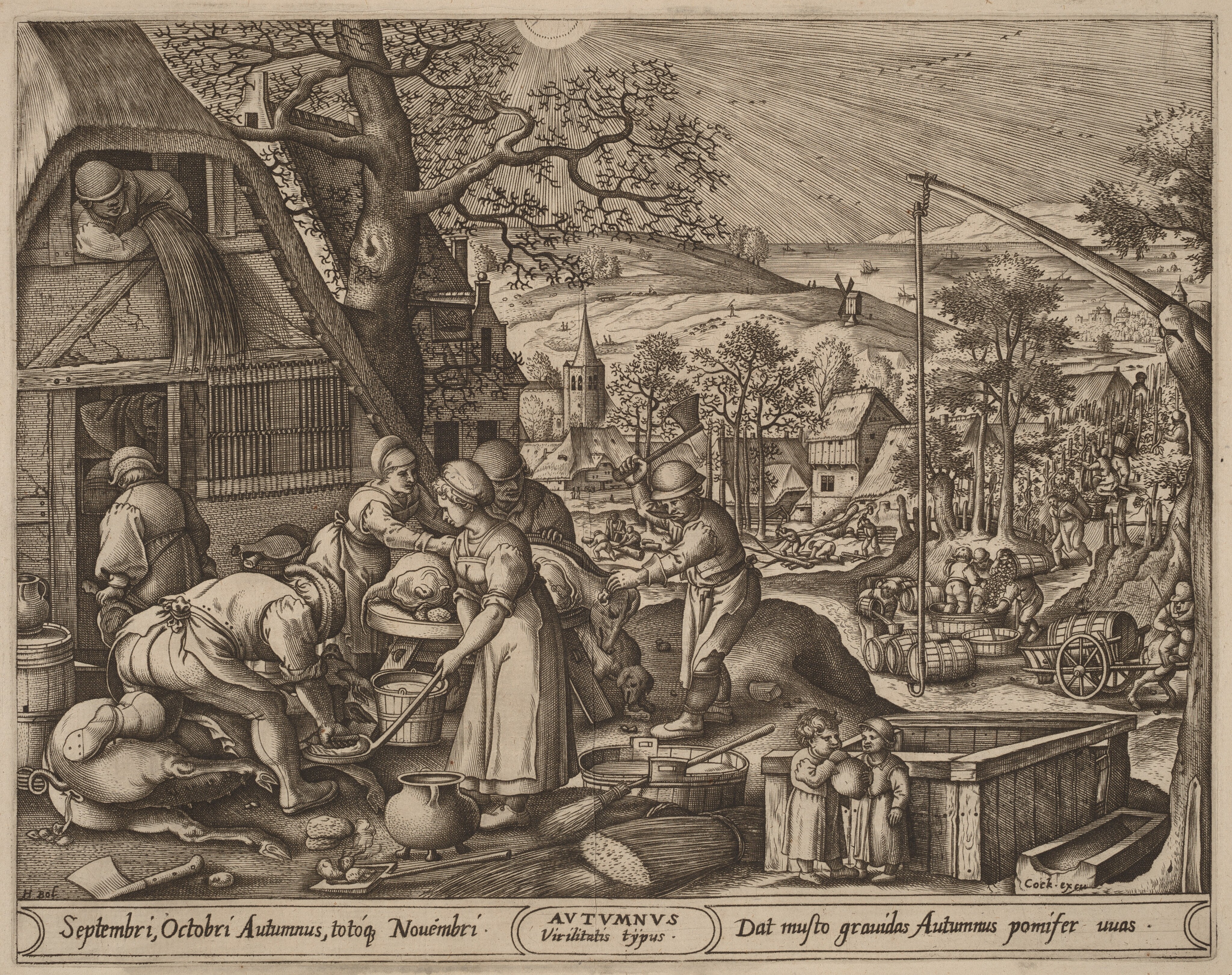 A village landscape with people butchering animals and otherwise engaging in harvest activities
