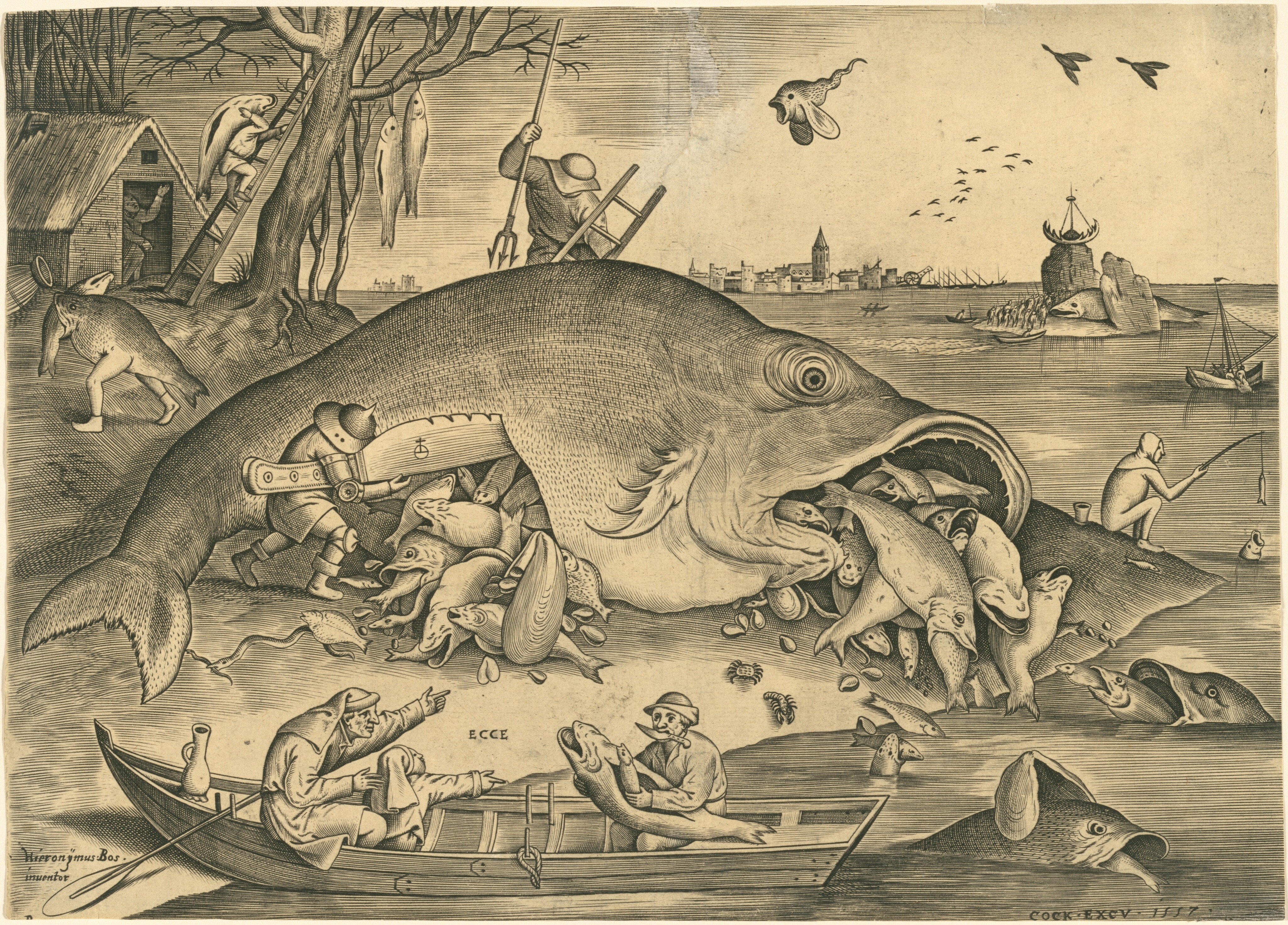 A sea shore landscape with fishermen butchering the fish they caught only to get smaller fish out of them.