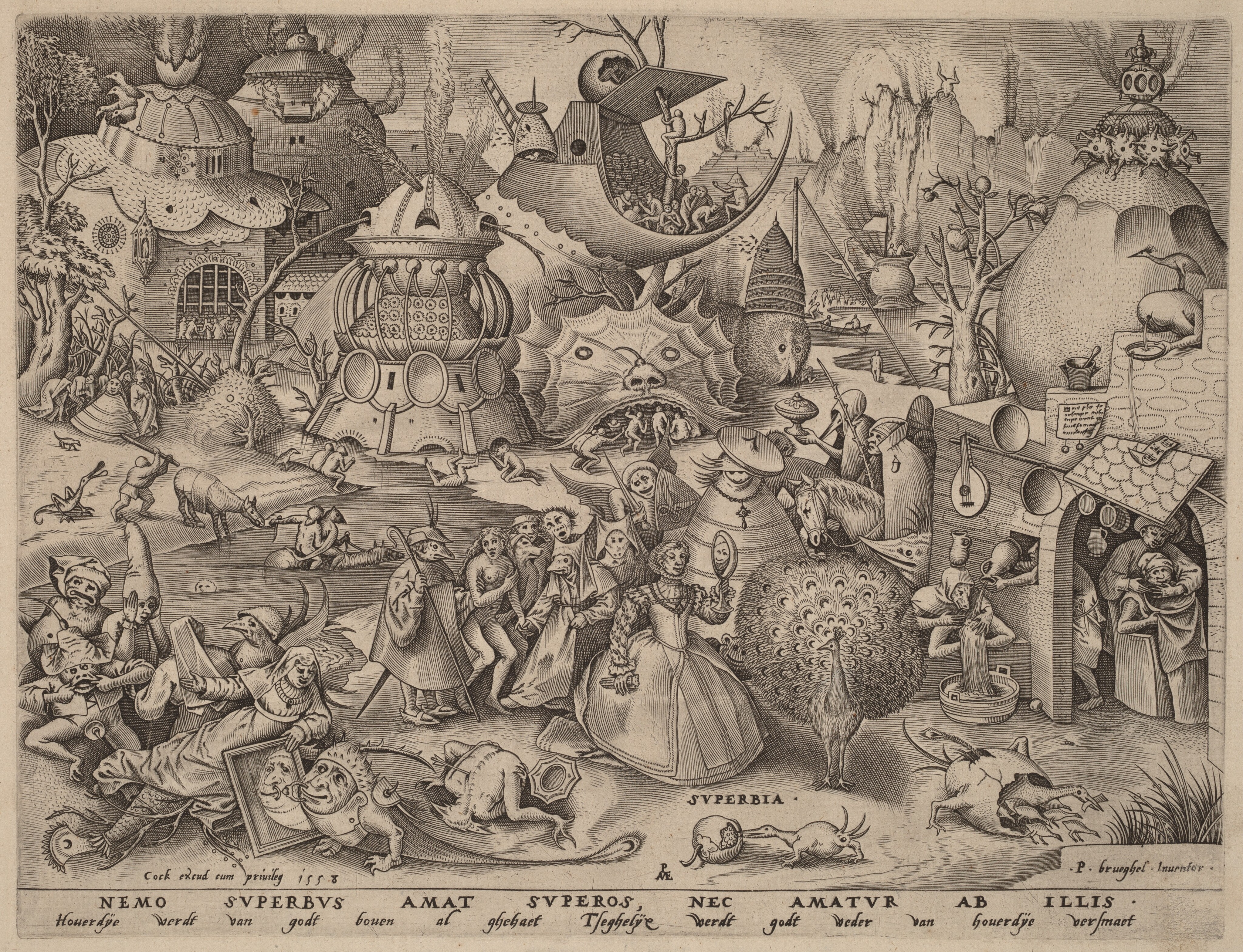 Engraving of a landscape with pompous buildings and anthropomorphic creatures looking into mirrors, galloping around on horses, and otherwise engaging in unidentifiable acts of sinful pride.