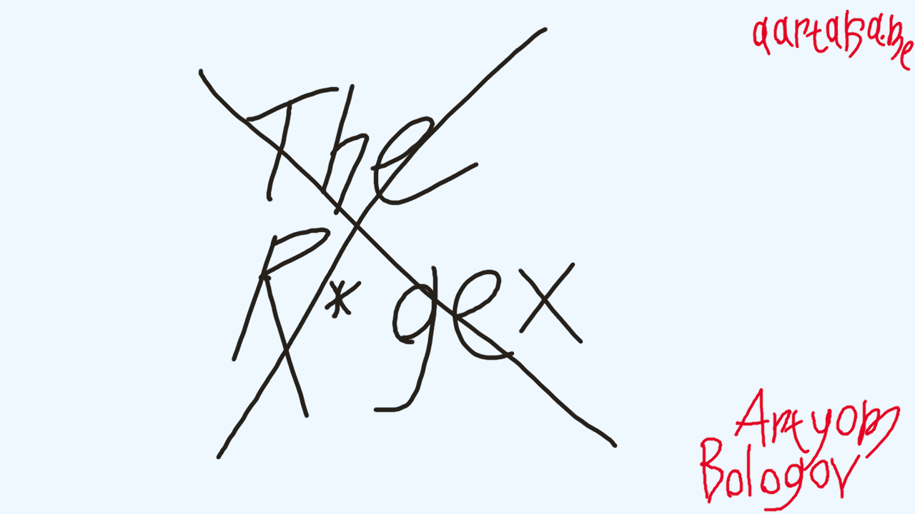 Cold colors digital thumbnail with handwritten text on it.The text in the center says 'The R*gex' (meaning Regex).It's crossed out.In the corners, there's attribution to Artyom Bologov and aartaka.me address.